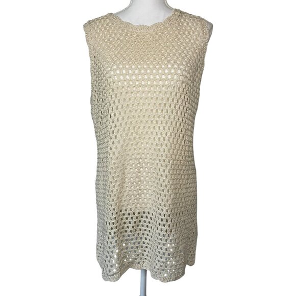 Anrabess Crochet S Knit Cover Up Dress Cream Sleeveless Open Back Beach Cottage - Picture 2 of 7